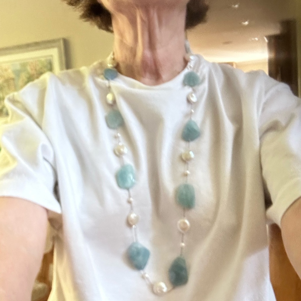 Chic Aqua and Pearl gemstone necklace with matching earrings